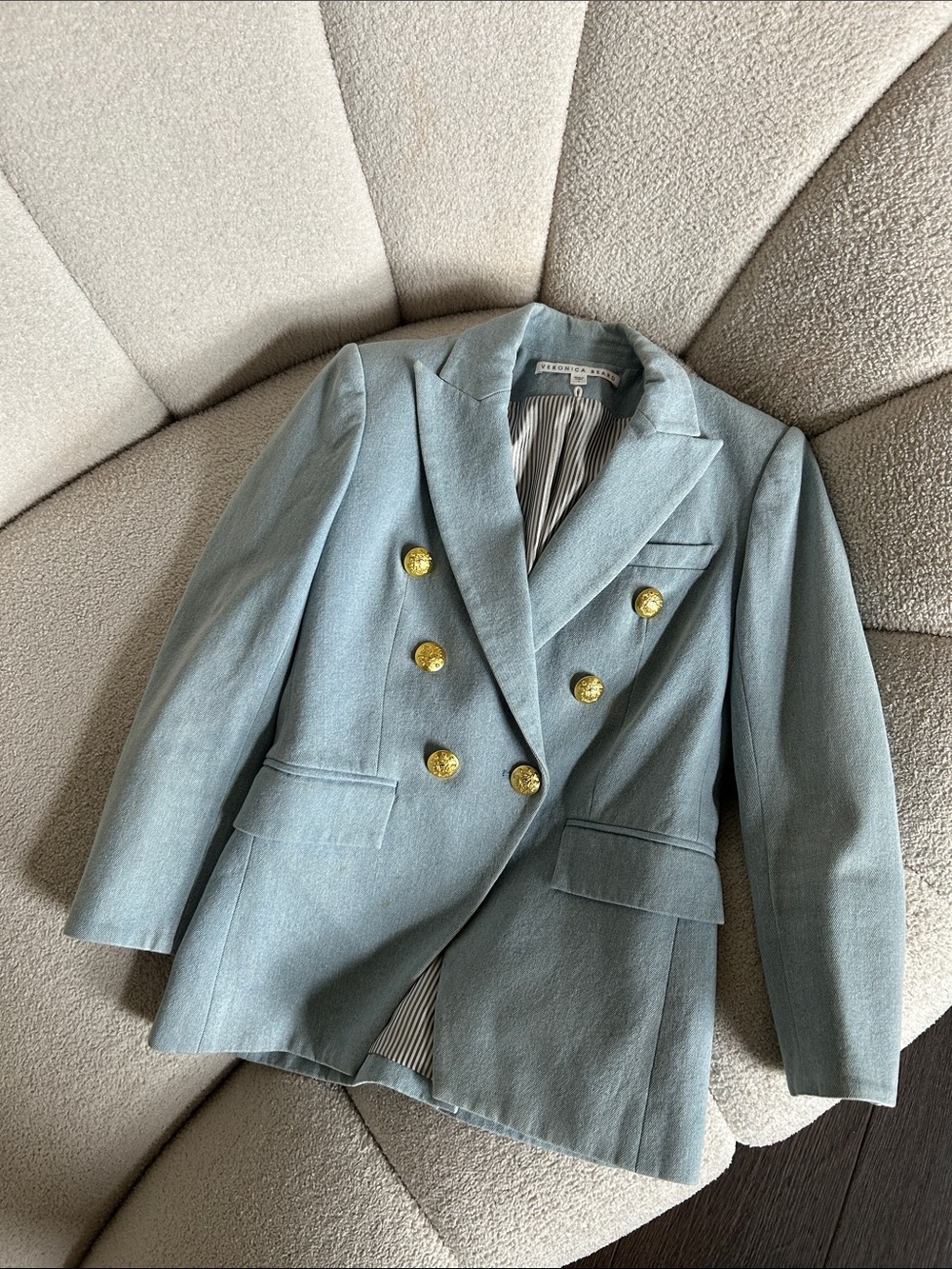 Veronica Beard Powder Blue Double-Breasted Blazer with Gold Buttons